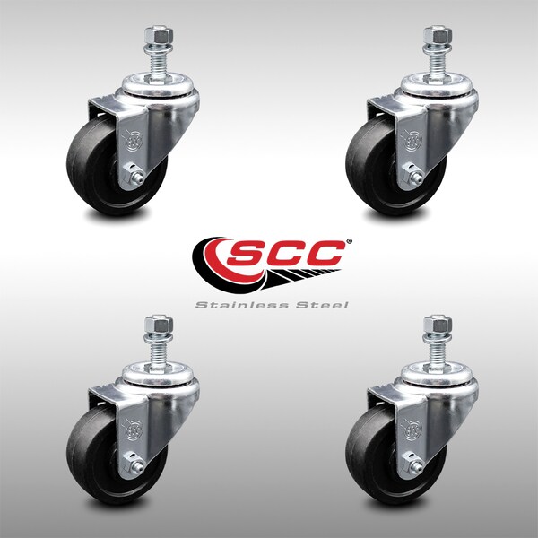 3.5 Inch SS Soft Rubber Wheel Swivel 12mm Threaded Stem Caster Set SCC